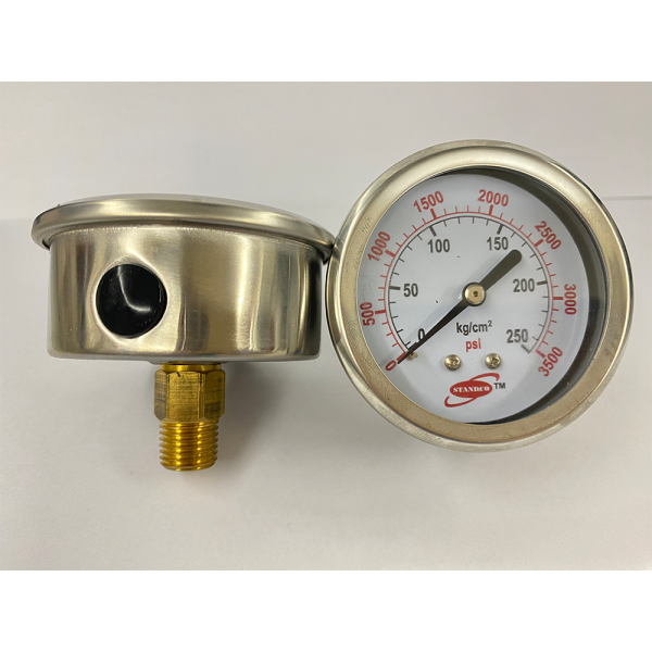 Two pressure gauges with front view and side view displayed together.