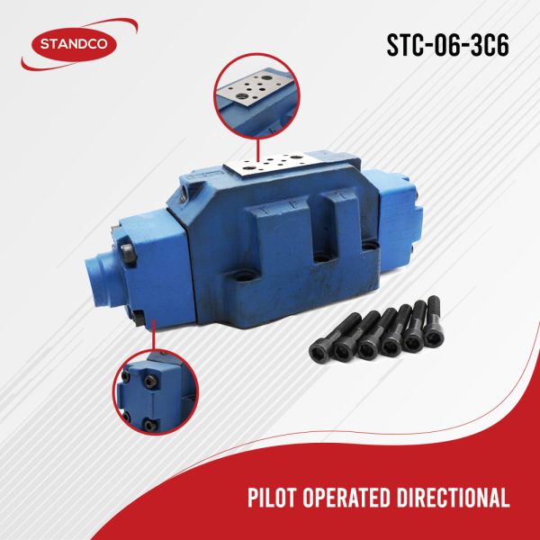 Image depicting a Pilot Operated Directional Valve in a hydraulic system, illustrating its components.