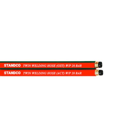 The image depicts a high-quality Twin Welding Hose, featuring RMA Grade RM material, which is designed to provide exceptional flexibility and resistance to abrasion, making it an ideal choice for demanding welding applications.