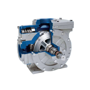 A vane pump in blue and white colors, prominently featured on a white backdrop, highlighting its mechanical features.