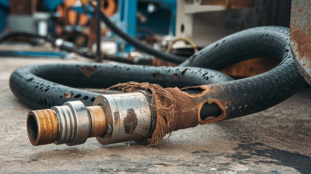 A photo of a hydraulic hose that has been severely damaged. The hose is lying on the ground, with one end still connected to a piece of equipment.