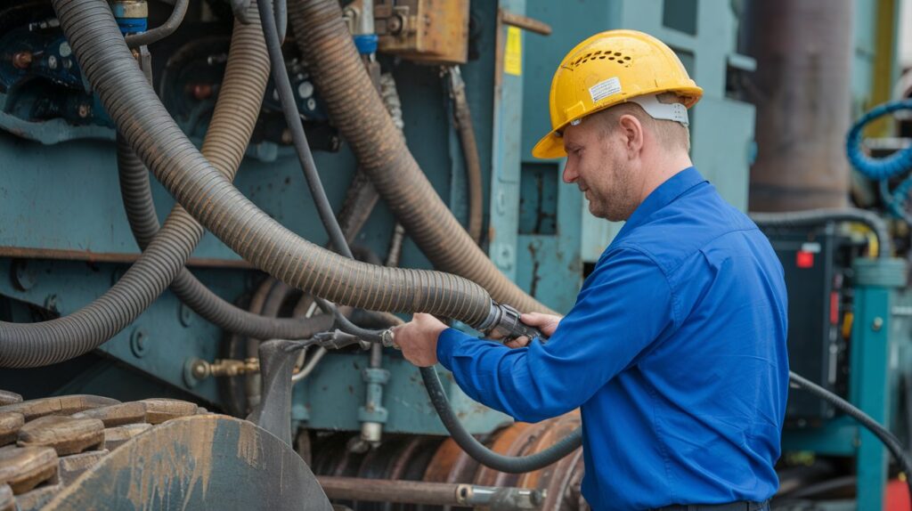 a technician, male of Hispanic descent, inspecting different hydraulic hoses in an industrial setting, surrounded by machinery and equipment.